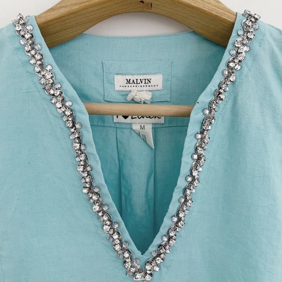 Malvin Linen Blue Cotton Embellished Tunic Top - Picture 3 of 3
